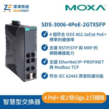Moxa SDS-3006-4PoE-2GTXSFP 工業級 6埠 4PoE 智慧型乙太網路交換器