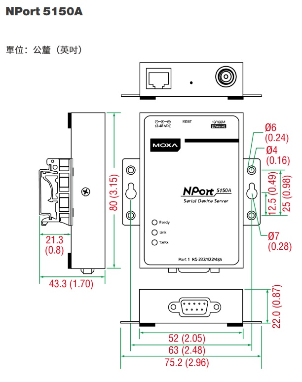 Moxa NPort 5150A 外觀尺寸