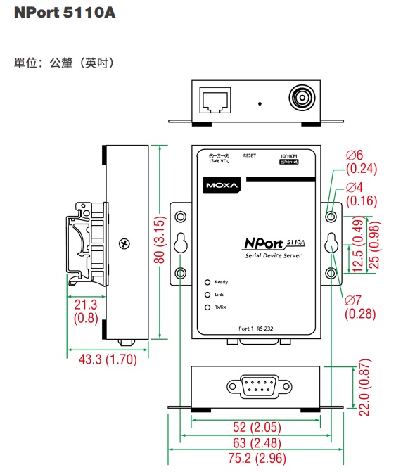 Moxa NPort 5110A 外觀尺寸